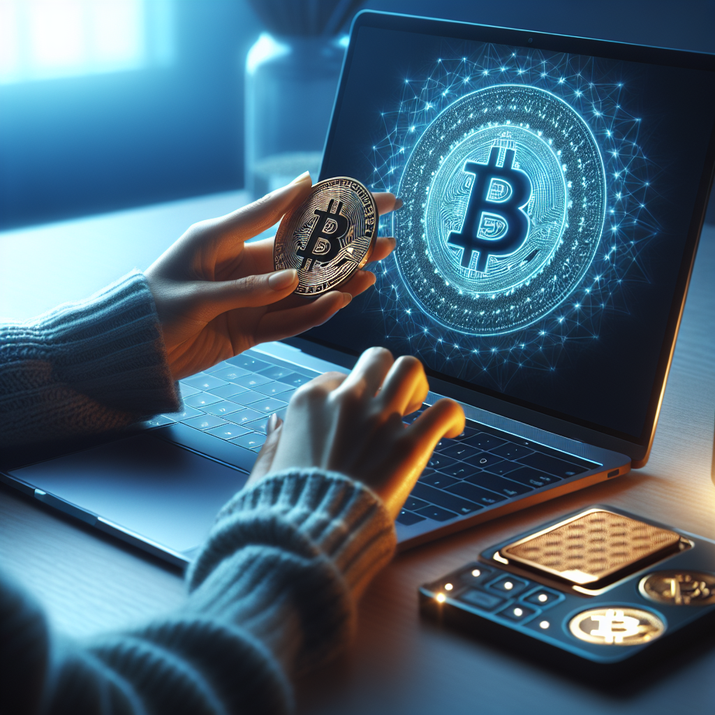 Norsk investor som kjøper Bitcoin: laptop med Bitcoin-logo, hardware-lommebok ved siden, nordisk minimalistisk stil og blått lys