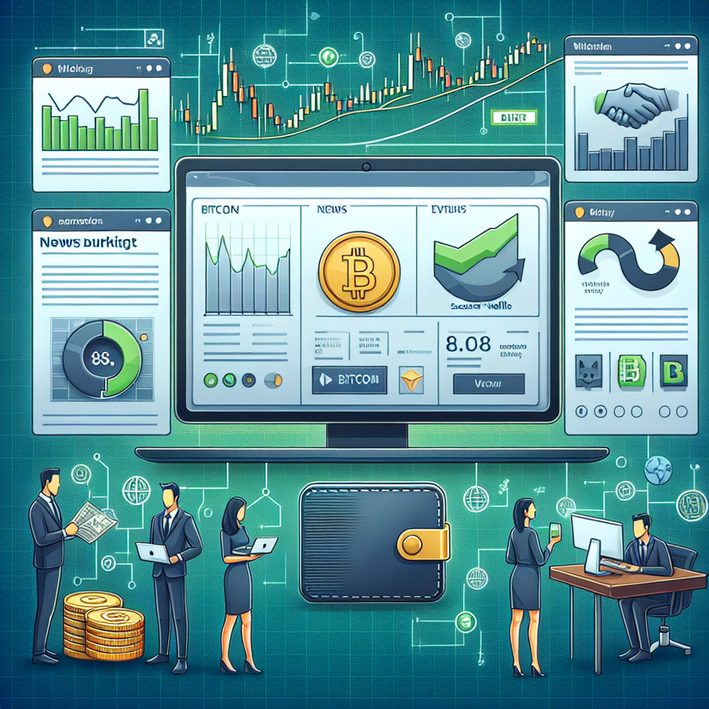 Illustrasjon av en moderne bitcoin-markedsoversikt med nyhetsfeeds, grafer og en sikker hardware-lommebok, stilisert, profesjonell og informativ