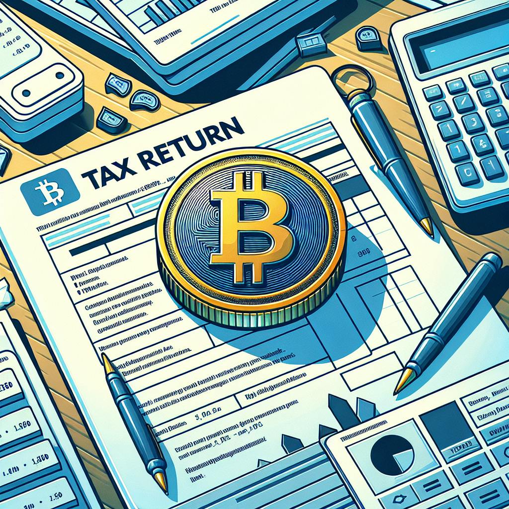 Illustrasjon av Bitcoin-mynt, skattemelding på skrivebord og dokumenter, moderne blå og hvit fargepalett, profesjonelt og informativt