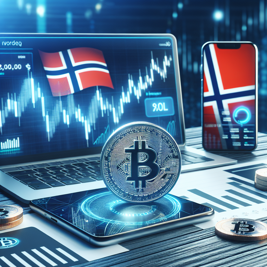 Oversiktsbilde av en moderne handelsplattform på laptop og mobil med norske symboler, Bitcoin-mynt i forgrunnen, profesjonell og trygg atmosfære