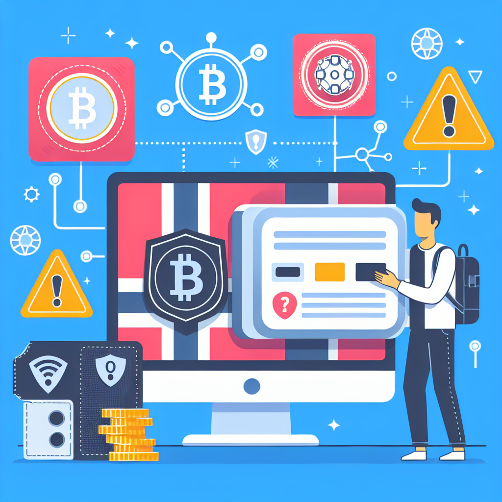 Illustrasjon av trygg bitcoin-handel: en person som beskytter en hardware-lommebok, advarselsikoner på en skjerm, norske farger, moderne flat design