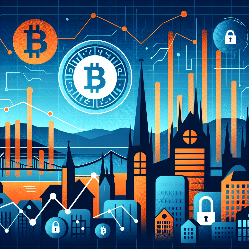 Ren og moderne banner: norsk bysilhuett i bakgrunnen, et stilisert Bitcoin-symbol i forgrunnen, graflinjer og sikre lås-ikoner, blå og oransje fargetoner