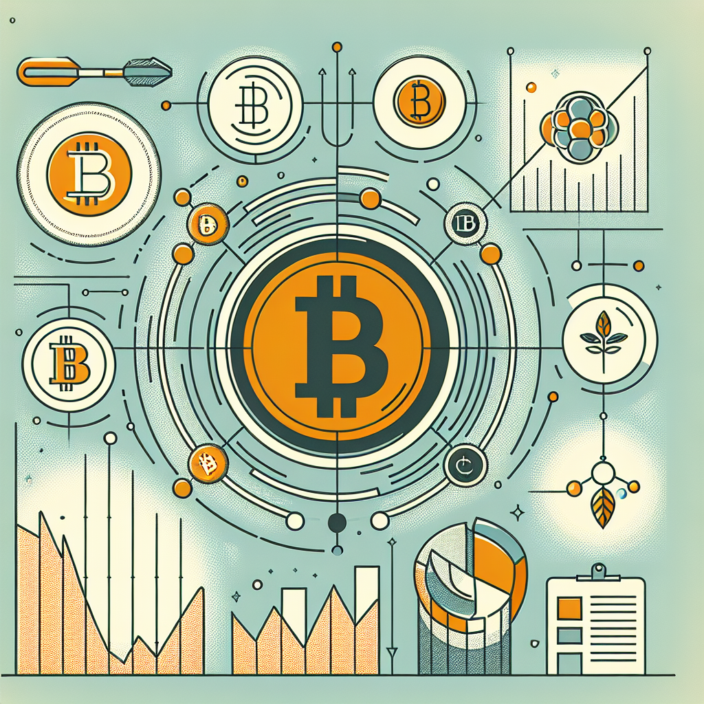 Moderne illustrasjon av Bitcoin-blankett som kjerne omgitt av mindre altcoin-ikoner, porteføljegraf og norsk minimalistisk fargepalett