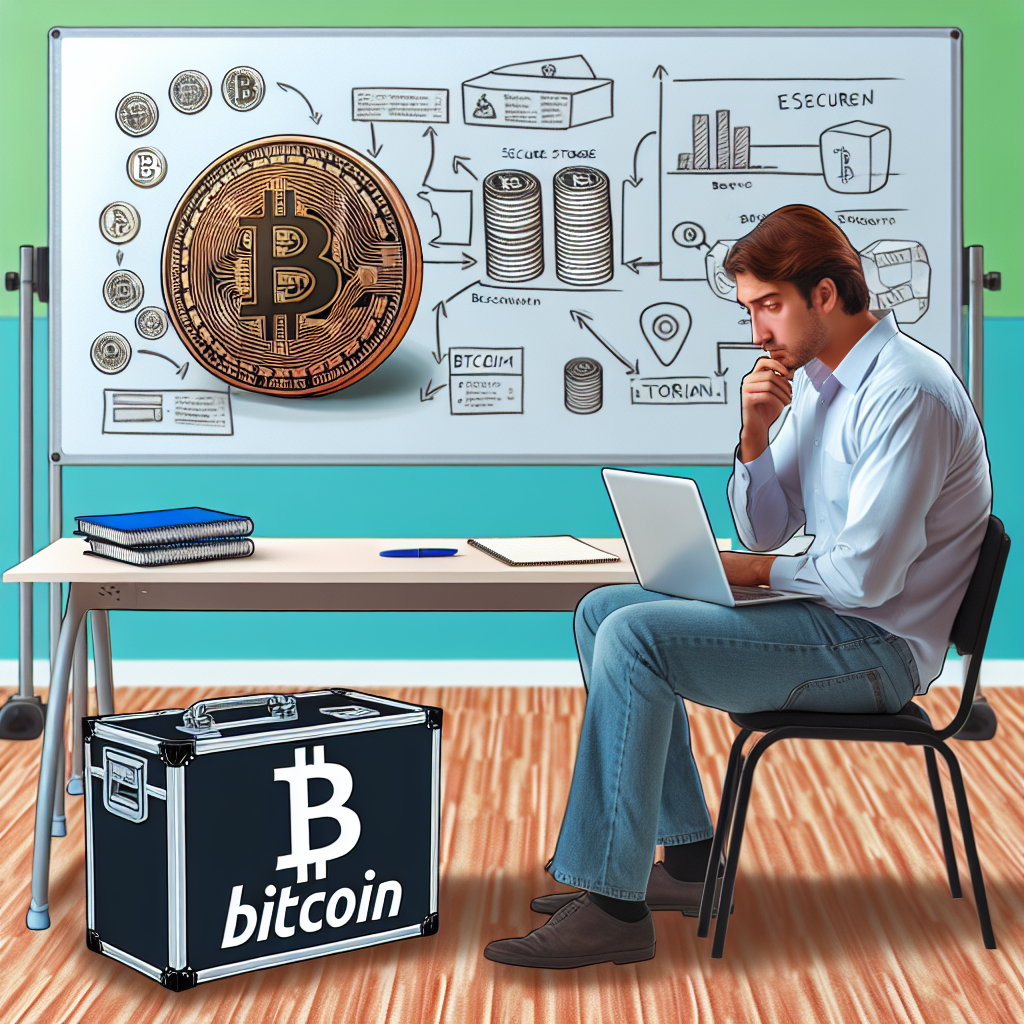 Moderne bitcoin-opplæring: læringsmiljø med laptop som viser Bitcoin-logo, whiteboard med diagrammer og en deltaker som øver på sikker lagring