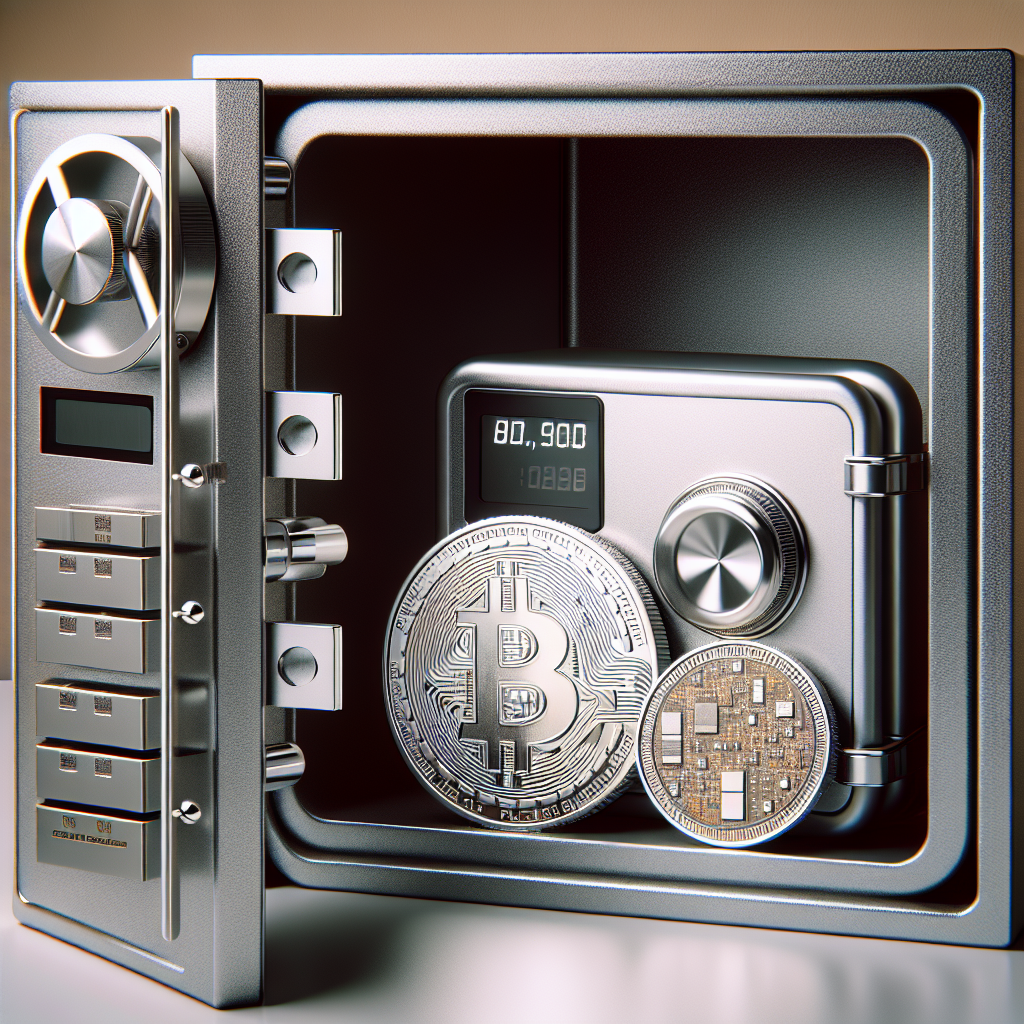 Nærbilde av en hardware-lommebok og en stålplate seed-oppbevaring i en brannsikker safe, med nøytral bakgrunn, moderne og profesjonell stil